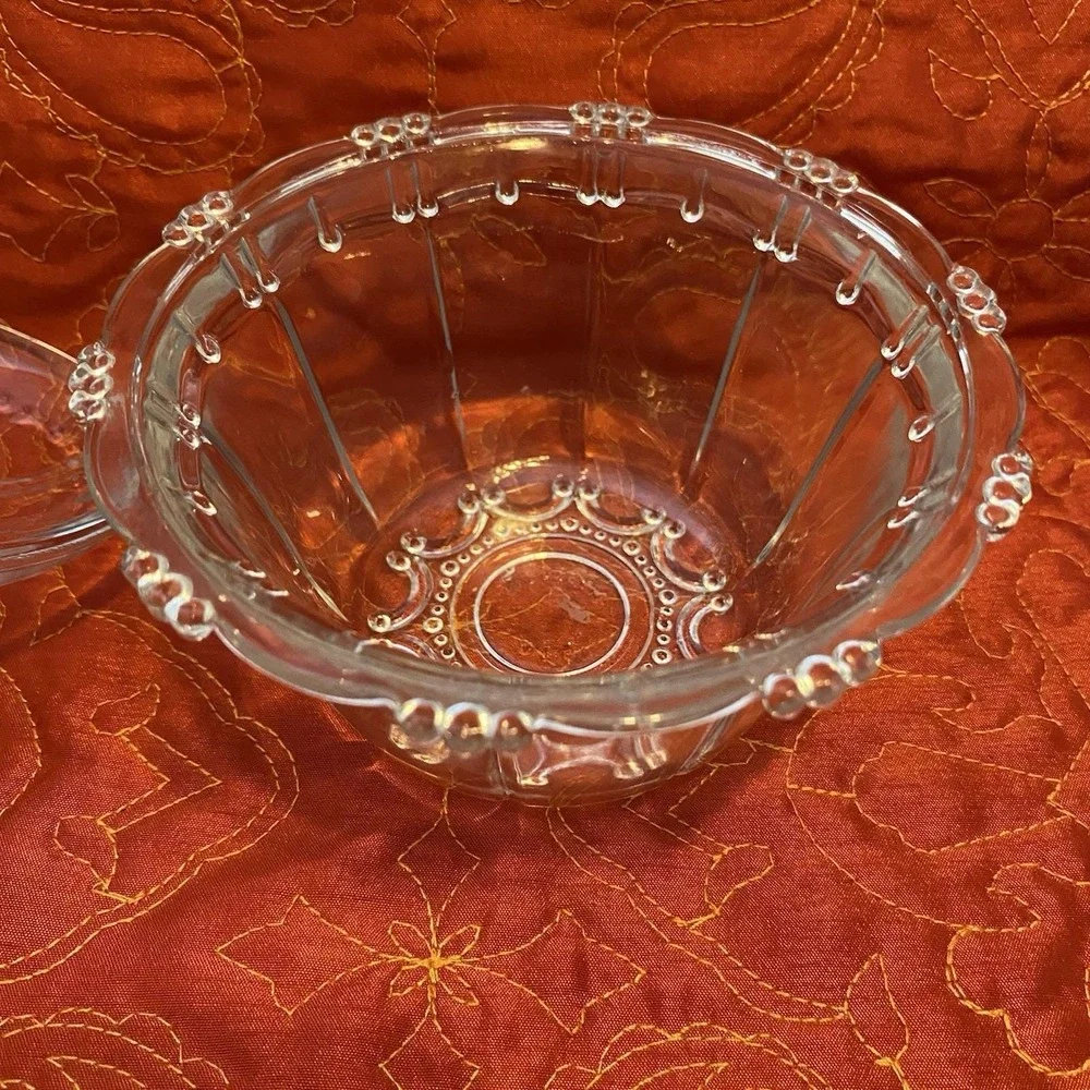 Vintage KIG Indonesia Candy‎ Dish Beaded Clear Pattern Glass 3x5 Round Fancy Lid
